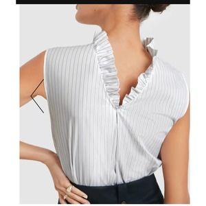 G. Goop Gweneth Paltrow white pinstripe poplin ruffle high neck sleeveless top 2